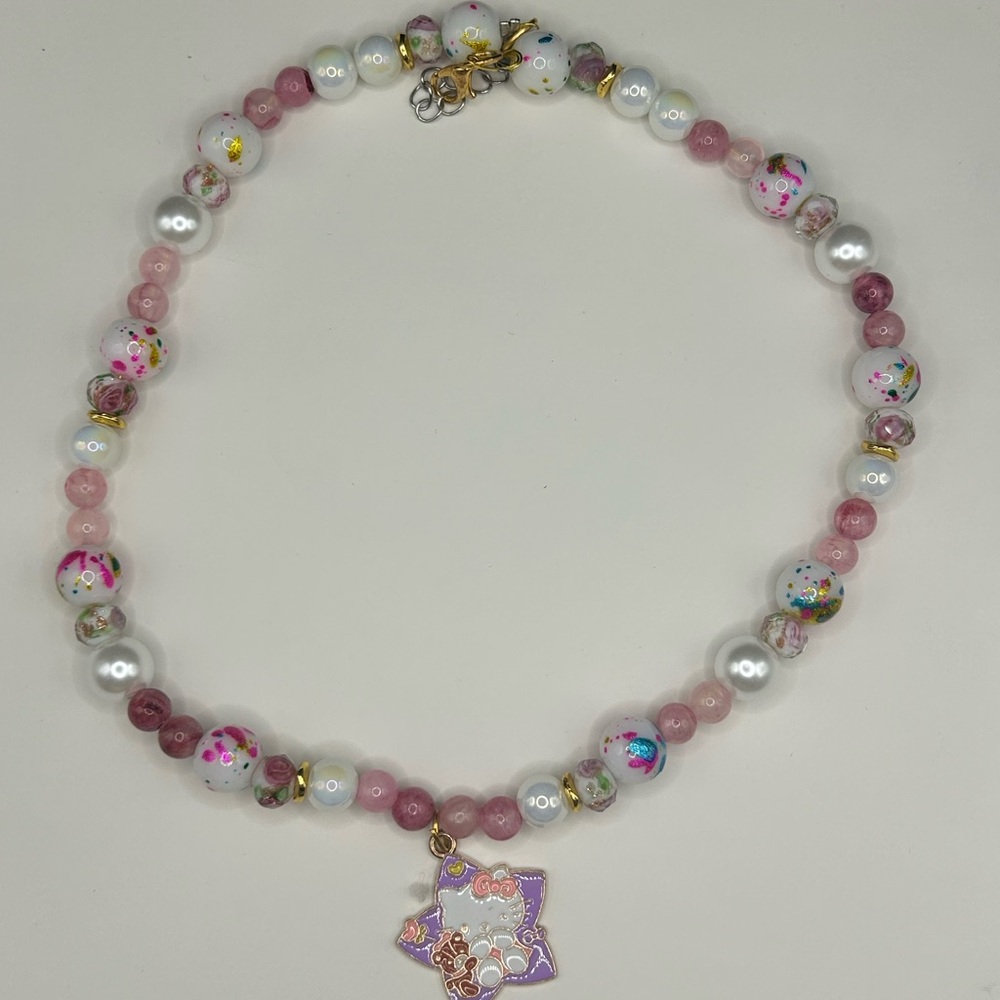 Pink and White Beaded Kids Necklace hello kitty matching sets!